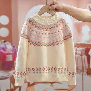 Girls' Half-turtleneck Sweater fleece-lined Thickened Autumn and Winter 2024 New Children's Clothing Retro Western Style Children's Pullover Sweater
