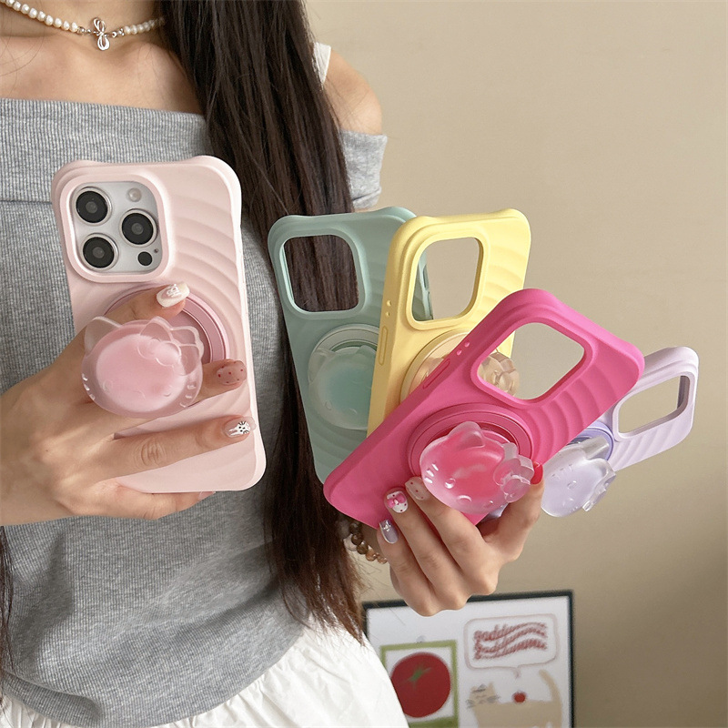 Rippling solid color 3D Kitty magnetic phone case for iPhone 16, Apple 15 Pro Max/14, girly style