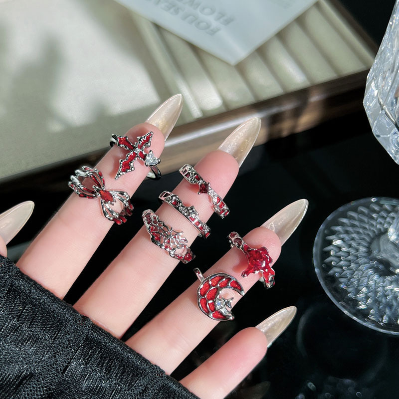 Niche Punk Dark Gothic Red Spider Web Cross Ring for Women, Unisex Trendy Cool Fashion Stackable Simple Index Finger Ring