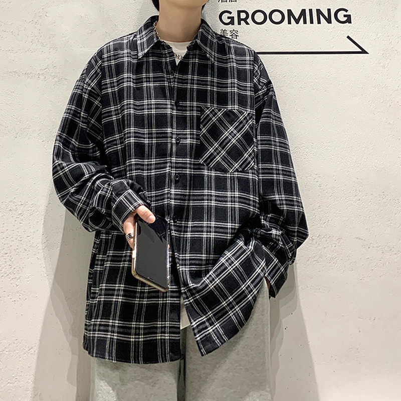 캐주얼 플레이드 셔츠 남자 봄과 가을 강아지 잘 생긴 옷깃 커플 셔츠 올 매치 코트 홍콩 스타일 레트로베이스 탑 옷