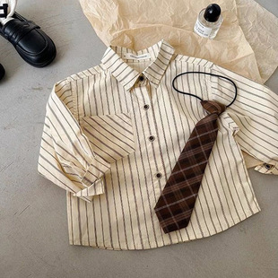 Boys' 2024 Autumn Baby's Shirt Korean Style Top Brown College Striped Foreign Style Tie Trendy Shirt for Big Children