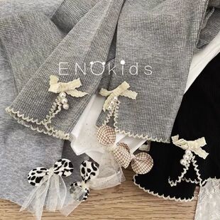 Baby Soft Elastic Soft Leggings Spring & Fall Girls Korean Style Sweet Knitted Bow Outer Long Pants