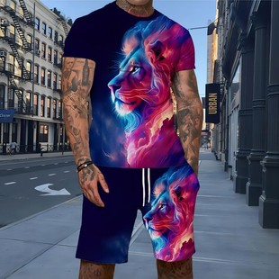 Europe and the United States cross-border trade AliExpress new cool lion leisure suit men's 3D digital printing plus size short sleeve
