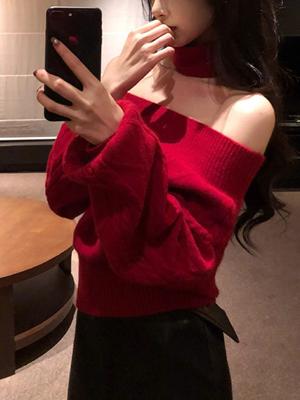 Autumn and Winter French Retro Hot Girl Style One-Shoulder Knitted Pullover, Soft and Elegant, Slim Fit Short Cable-Knit Women's Sweater