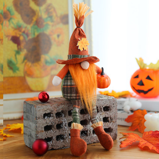 2023 Cross Border Halloween Orange Pumpkin Bom Witch Scarecrow Faceless Doll Decorative Long Foot Straw