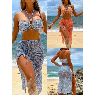 2024 cross-border European and American bikini mesh skirt three-piece women's swimsuit AliExpress Amazon swimsuit wholesale