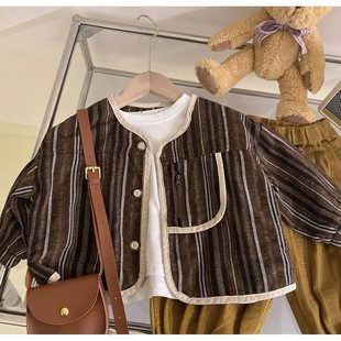 Children's Clothing for Boys and Girls 2023 New Outwears, Korean Style Spring & Fall Cotton and Linen Stripesd Outwears and Casual Pants Two-piece Set