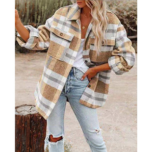 2023 Amazon Fall/Winter European and American Women's Autumn/Winter Long Sleeve Lapel Loose Plaid Thickened Woolen Jacket