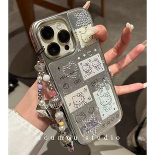 Electroplated Silver Frame Plaid Cute Cat Suitable for Iphone16Promax Mobile Phone Case 14 New Style 15 Chain 13 Women