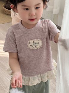 Wheat Field Season 2025 Summer New Korean Girls' Lace Lace T-shirt Children's Princess Fashionable Short-sleeved Top T-shirt
