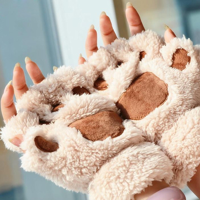 Cat Claw Gloves Girls Fingerless Gloves Winter Cute Cartoon Cat Thickened Plush Bear Paw Half Finger Gloves