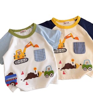 Japanese Children's Wear Spring Boy's Excavator Cute Baby's Top Thin Half Sleeve T-Shirt Children's Short Sleeve