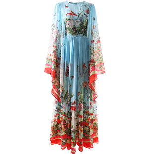 Cross-border Crewneck Fashion Irregular Dress Flying Sleeve Crewneck Tencel Printed dress European and American New Women's Clothing