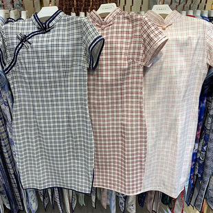 Plaid collection, stretch cotton and linen plaid cheongsam young Daily girl multicolor