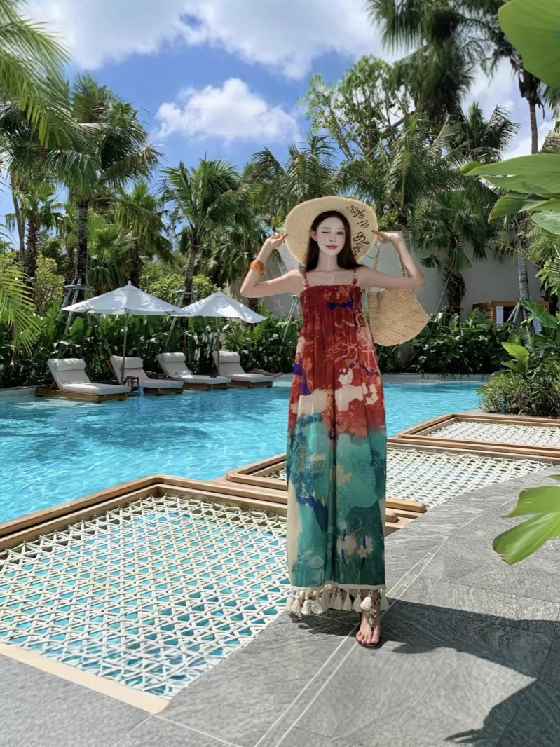 2025 Cross-Border New Product Retro New Chinese Style National Style Holiday Printed Suspender Dress Long Skirt
