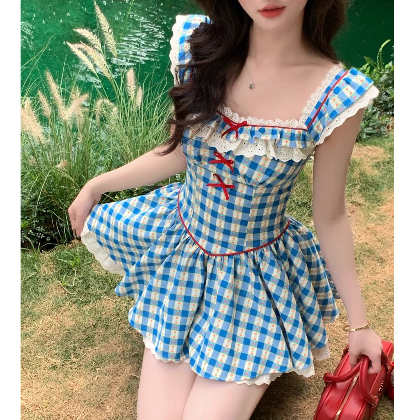 2026 New Summer French Retro Blue Plaid Flutter-Sleeve Love Dress with a High-End Feel and Puffy Skirt for Women