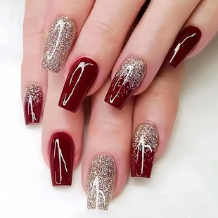 Flash Gold Powder Wine Red Bride Nail Art Mid-length False Nails Holiday New Year Wear Armor European and American ins Style Wear