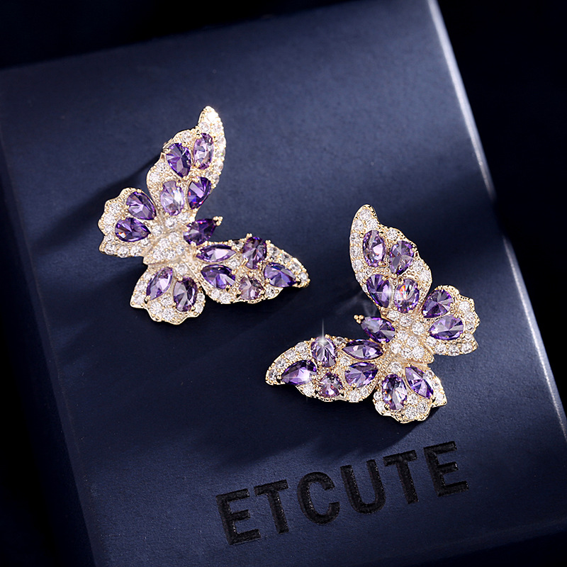 Luxurious and Sophisticated Colorful Zircon Butterfly Earrings for Women, with S925 Silver Needles, High-End Exquisite Versatile Jewelry