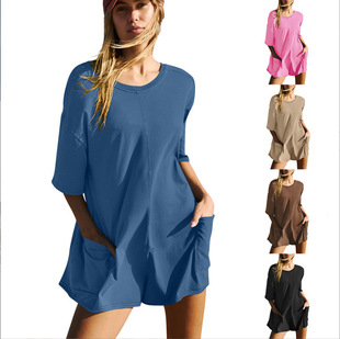 European and American Women's 2024 Summer New Amazon Women's Short-sleeved Backless V-neck Loose Casual Pocket jumpsuit