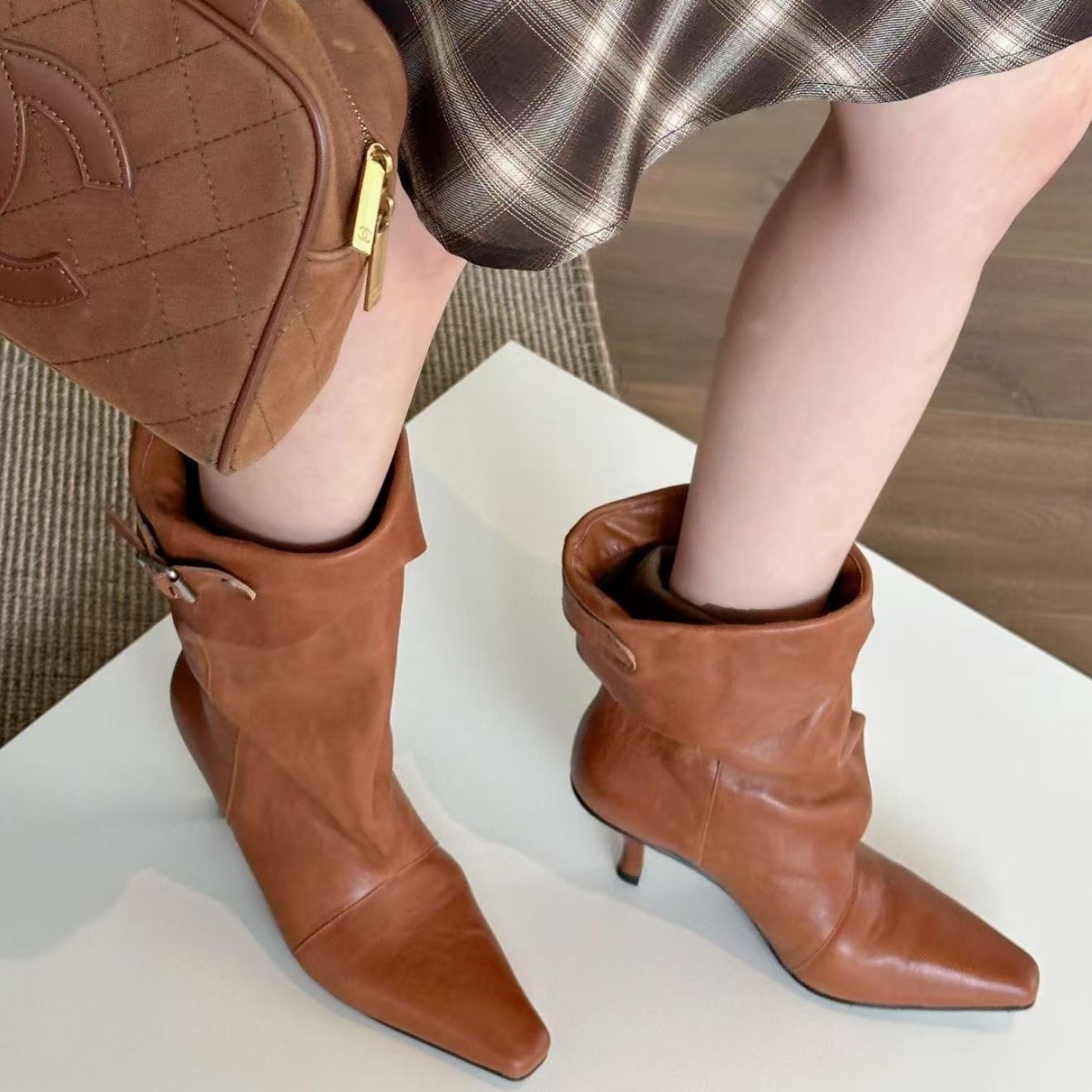 Sheepskin Version~2026 New Style Stacked Boots, Maillard Style Western Cowboy Boots with Belt Buckle, Thin Heel, Pointed Toe Short Boots for Women