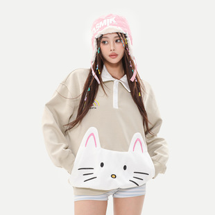 OREETA, autumn and winter milk polo collar sweater men's and women's American cat patch pocket tide brand sweater coat