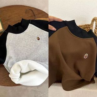 Children's clothing 2023 autumn and winter New cartoon ape thickened fleece-lined color matching bottoming shirt boys and girls warm top