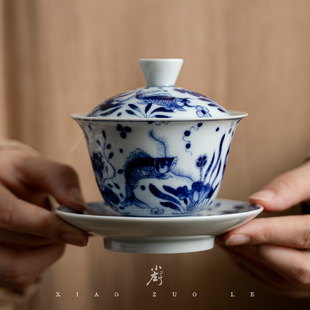 Jingdezhen Antique Blue and white Sancai Bowl Not Hot Ceramic Tea Bowl with Bottom Kung Fu Tea Set Hand-held Bowl