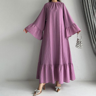 2025 European and American Foreign Trade Women's Cross-border Autumn Round Neck Trumpet Sleeve Large Swing Solid Color Daily Robe Lace-up Long Dress