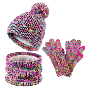 Amazon CUHK children's fur ball hat scarf gloves three-piece set Winter Children's velvet warm knit suit