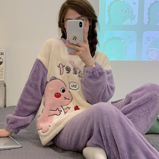Winter sweet flannel pajamas female coolomi cute cartoon round neck thickened warm coral fleece foreign trade suit