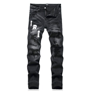 Spring and Summer Vintage Stitching Ripped Cloth Pants Men's Embroidered Slim-fit Skinny Pants Men's Stretch Embroidered Long Pants