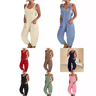 Cross-border E-commerce 2024 European and American Clothing Amazon Summer Casual Fashion Suspender Pants Jumpsuit Overalls