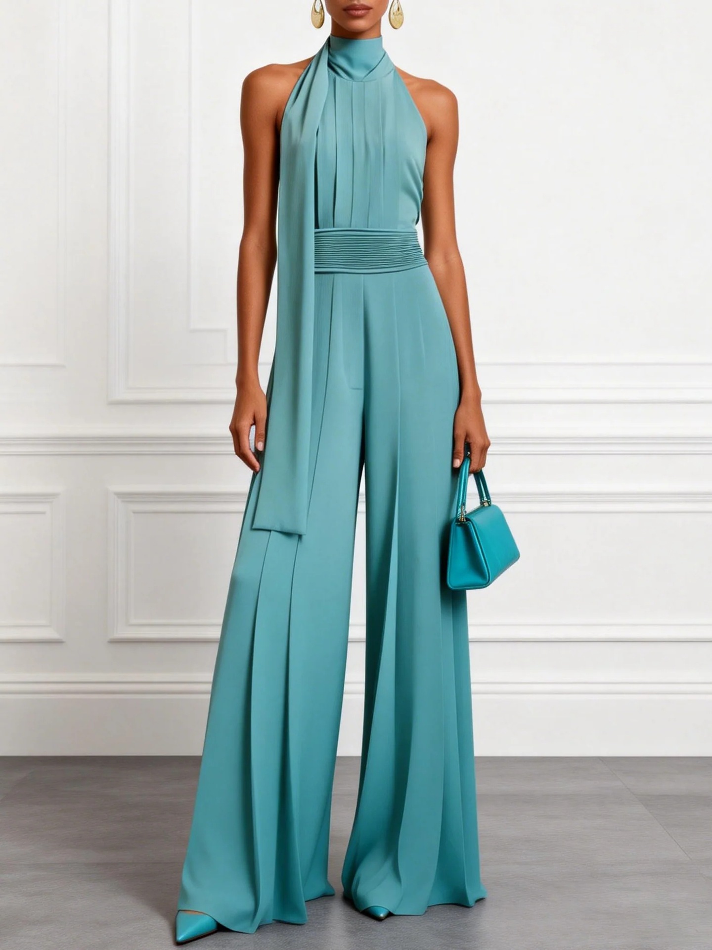 2026 European and American Women's Fashion Independent Site Amazon Solid Color Sleeveless Halter Elegant Jumpsuit Long Sleeve Fashion Pants