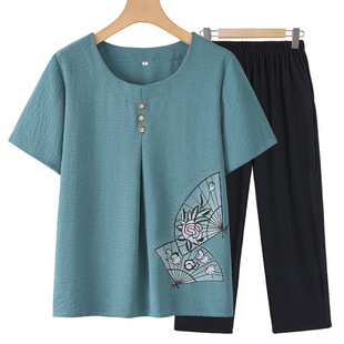 Mother Summer Short-sleeved suit Women's New Summer Dress for Middle-aged and Elderly People Granny Western Style T-shirt Two-piece Set for Old People and Wife