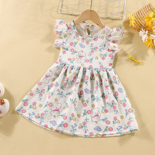 Girls' short-sleeved T-shirt 2024 new summer baby girls' off-shoulder strap fashionable western style top for infants and children