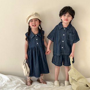 Children's Summer Denim suit Boys 2025 New Summer Casual Baby Western Style Girls' dress Brother and Sister Dress