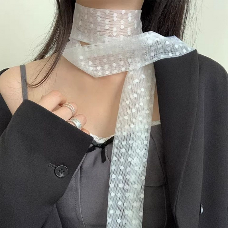 White Lace Poll Long Scarf Spring and Summer High-end Sense Neck Korean Style All-match Artistic Style Elegant Scarf Ribbon