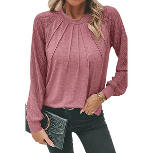 Autumn and Winter new pure color pleated long-sleeved top women's European and American casual style jacquard stitching T-shirt women's one-piece delivery