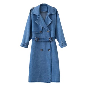 Fall 2023 European and American style new fashion double breasted belt decoration women's all-match Denim coat coat windbreaker