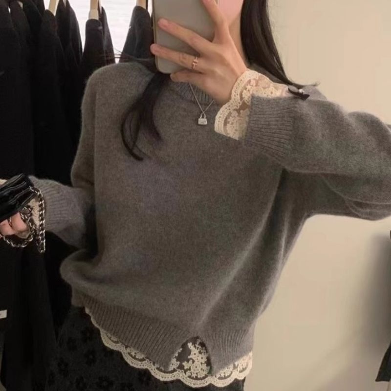 Ayollar uchun oq dantelli bezakli sviter, kuz va qish, koreyscha uslubda, fransuzcha yuqori darajadagi, qalin va keng to'qilgan top.