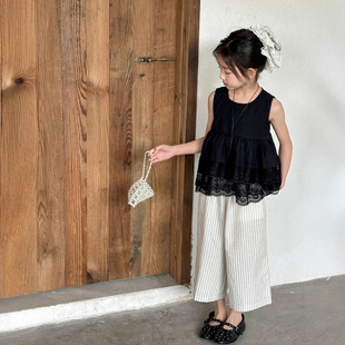 Muna Ya High-Quality Korean Style Children's Clothing Girls' Lace Sleeveless Babydoll Shirt + Stripesd Straight Pants Suit