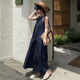 French Shoulder Neck Strap Denim dress Women's 2025 Summer New Arrival Loose Slim Dress