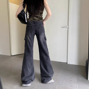Spring and Autumn 2025 American Style Retro Hot Girl High Waist Horn Tooling Jeans New Style Pocket Slimming Straight Trendy Pants
