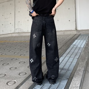 European Station Jeans Men's New Fashion Brand Loose Straight Black Washed Jeans