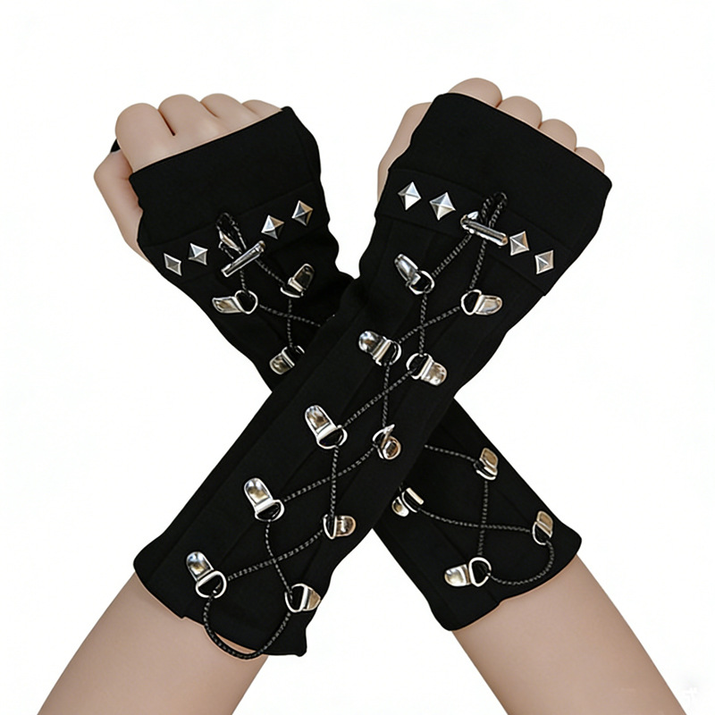 One Pair Y2K Girl Street Cool Black Glove Ninja Dance Women Fingerless Gloves Punk Gothic Mittens Criss-cross Rivet Designed Harajuku Japanese Style Korean Fashion Clothes 2026 Spring Summer