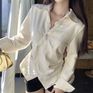 Elegant V-neck lace stitching long sleeve shirt women's autumn new pure wind strap waist