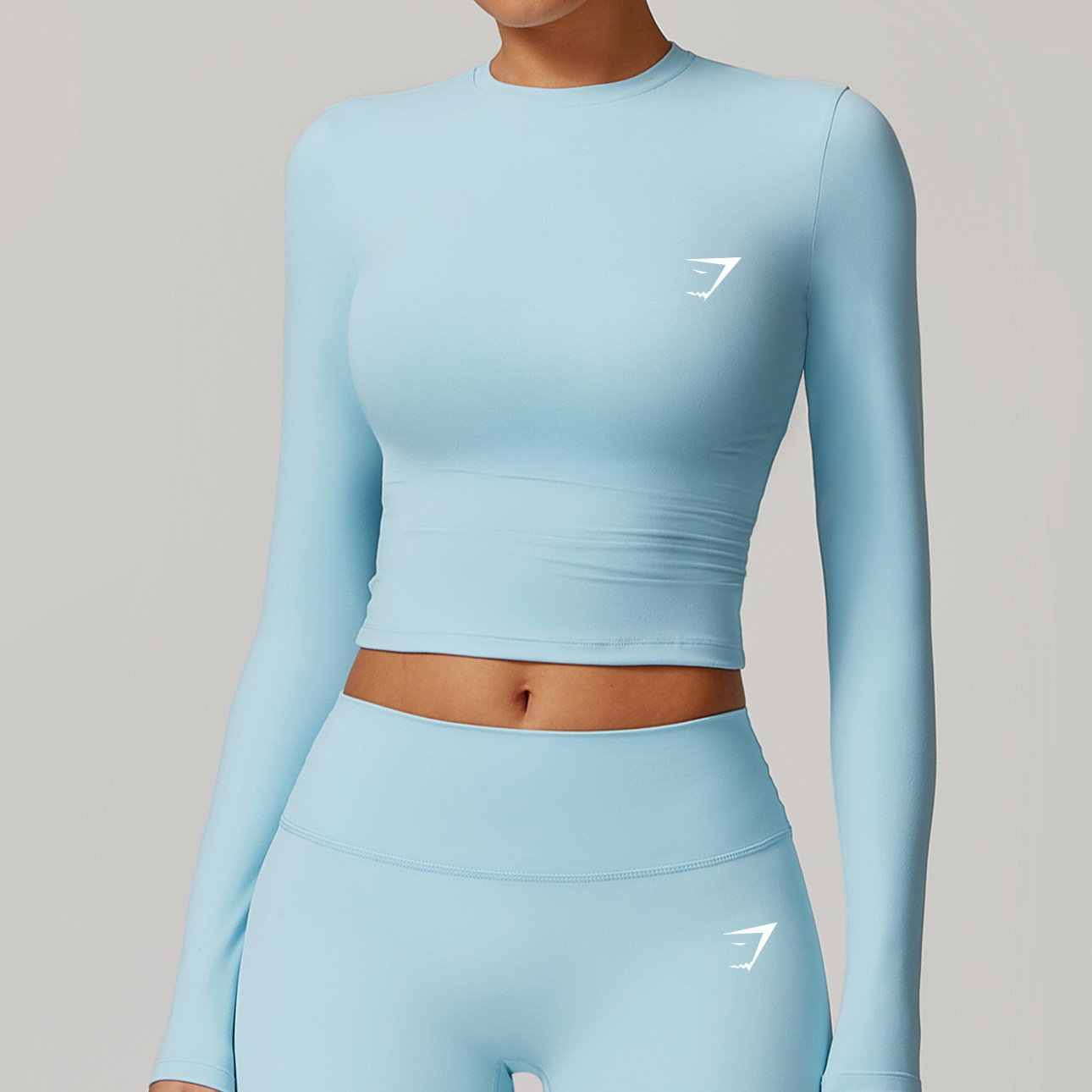 In-Stock Shark Print Long-Sleeve Naked-Feel Quick-Dry Elastic Yoga Top for Autumn and Winter, Suitable for Pilates, Running, and Fitness