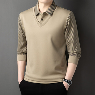 Fake two long sleeve t-shirt polo shirt men's spring and autumn new lapel casual middle-aged dad jacket wholesale