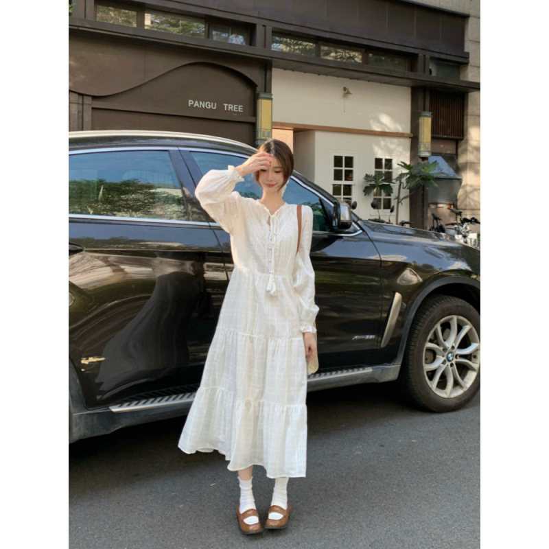 진짜 가격! 프랑스 레이스 칼라 원피스 봄 여성을위한 새로운 우아한 올 매치 슬림 핏 낚시 데이트 원피스