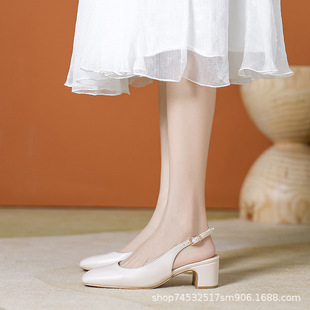 Grape Family Same Style Square Head Rear Trip Belt Thick Heeled Sandals Shallow Mouth French Style Baotou Women's Single Shoes with Buckle Belt
